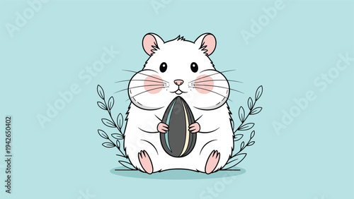 An incredibly cute cartoon hamster with full cheeks holding a large sunflower seed, surrounded by delicate leaves on a pleasant pastel blue background.