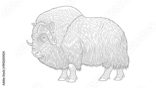 Muskox Illustration: Detailed line art of a majestic muskox, showcasing its iconic shaggy coat and impressive horns, a tribute to the resilience of this Arctic giant.