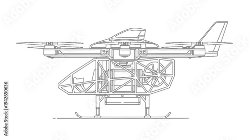 Drone Blueprint: A detailed technical drawing showcasing the intricate design and engineering of a futuristic drone, emphasizing its dual rotor and propeller system.