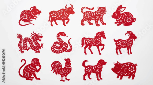 Chinese Zodiac Animal Signs Set, Traditional Red Paper Cut Style for Lunar New Year and Horoscope, Including Dragon, Tiger, Rabbit, and All 12 Symbols on White Background