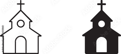 Cute church or chapel simple black silhouette and outline icon for religion, app and website design.