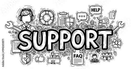 Virtual customer support illustration with doodles of tools and symbols