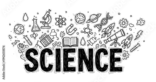 Doodle illustration highlighting scientific tools and concepts in blackboard style