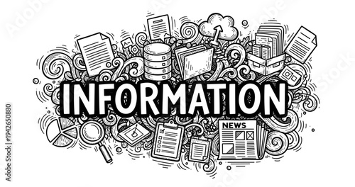 Intricate information doodle with news, documents, and databases in black and white