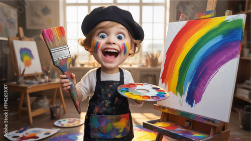 Happy child artist painting rainbow on canvas in studio with colorful paints and brushes