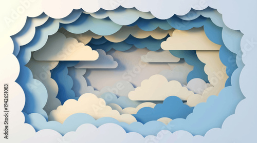 3D Paper Cut Cloud Sky Background with Layered Blue and White Clouds, Dreamy Origami Style Paper Art Landscape for Creative Minimalist Design