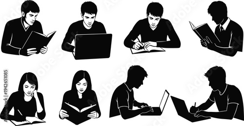 Black silhouette collection of students studying, reading books, writing notes and using laptops, education learning concept isolated on light background set illustration bundle