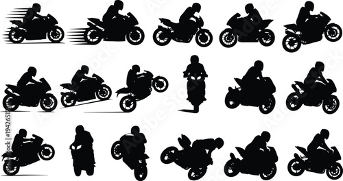 Silhouette collection of motorcyclists riding sport motorcycles in dynamic poses, performing stunts, wheelies, and leaning turns, representing speed, agility, and extreme motorcycle riding action.