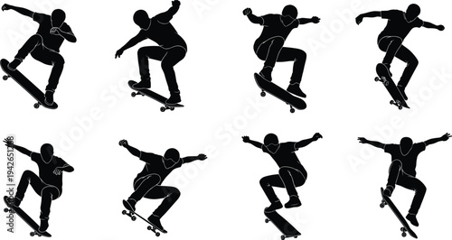 Silhouette collection of skateboarders performing aerial tricks and maneuvers in mid‑air, showcasing athletic skill, balance, and artistry in extreme skateboarding sports action photography.