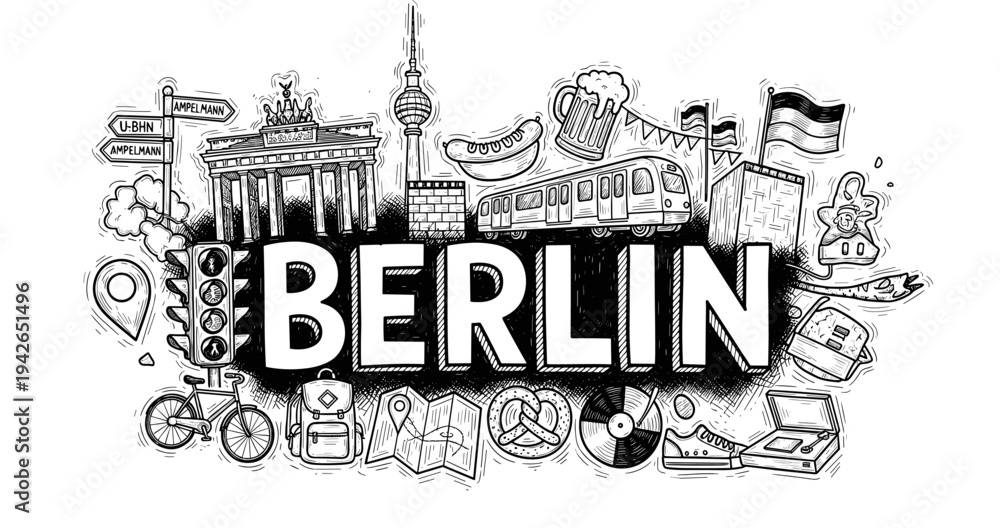 Obraz premium Illustrated berlin icons: brandenburger tor, tv tower, u-bahn, currywurst, bike, flags, and maps