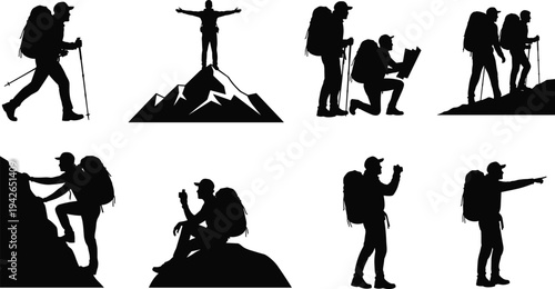 Silhouettes of hikers with backpacks and trekking poles exploring mountain trails, climbing peaks, navigating maps, celebrating success, and enjoying outdoor adventure in wilderness nature.