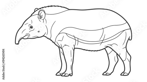 Tapir Outlined Illustration: A detailed line drawing of a tapir, showcasing its distinctive features in a simple, elegant style, perfect for educational or illustrative purposes.