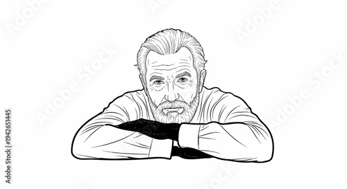 Line drawing of a man with a beard and graying hair resting his arms