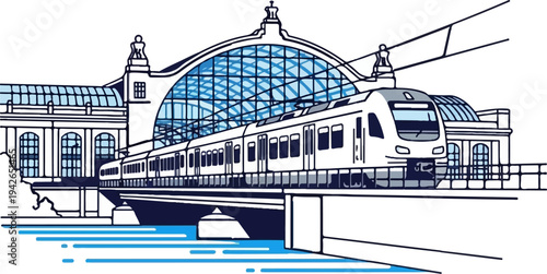 Modern train arriving at a grand, glass-domed train station over water