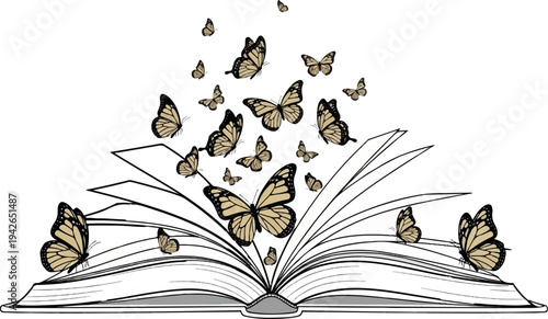 Open book with monarch butterflies flying out and around