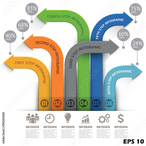 6-Step Branching Business Arrow Infographic. Vector Illustration of Multi-Directional Strategic Paths with Variable Data Percentages and Long Shadow Effects.