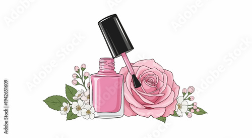Pink nail polish bottle with brush, large pink rose and small white flowers