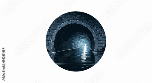 Pixel art of a dark, stone tunnel with a light at the end and water reflection