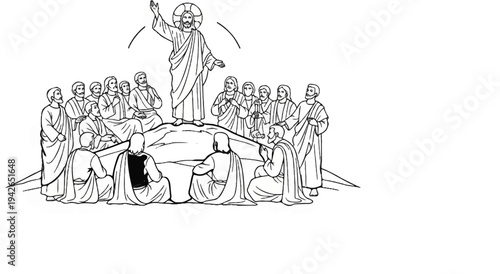 A depiction of a divine figure blessing a gathering of followers