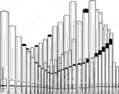 A detailed black and white line drawing of a pipe organ, with various sized pipes