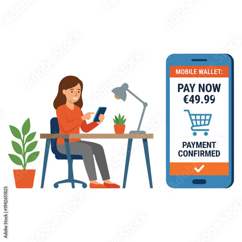 Woman sitting at desk uses smartphone for mobile payment in office