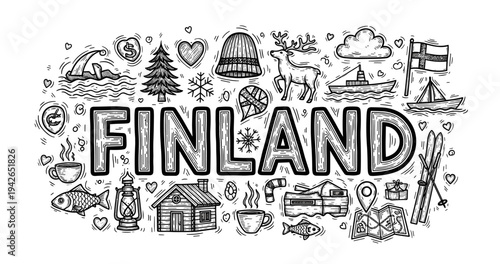 Hand-drawn finland doodle with cultural icons: reindeer, sauna, winter activities