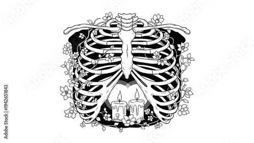 A beautifully macabre illustration of a human rib cage entwined with flowering vines, with two lit candles inside, symbolizing life, death, and inner light.