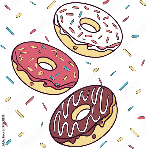 Set of 3 colorful donuts vector, sweet treats with sprinkles