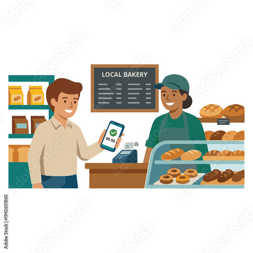 Man making contactless payment to baker in local bakery store