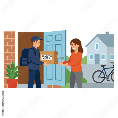 Delivery person handing package to woman at suburban home doorstep