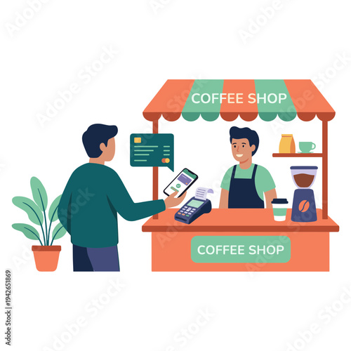 Man buys coffee from barista at outdoor coffee shop stand