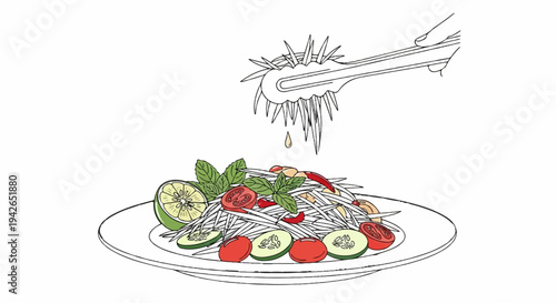 A hand squeezes shredded ingredients onto a vibrant papaya salad with lime, tomatoes, and chilies