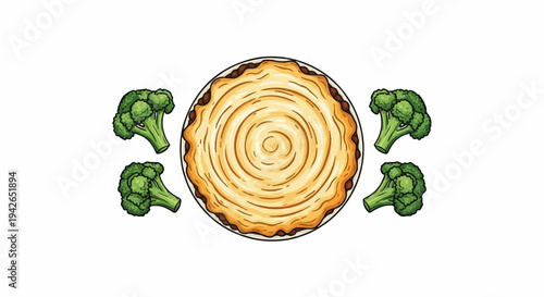 A hearty casserole with a golden swirl topping and four broccoli florets