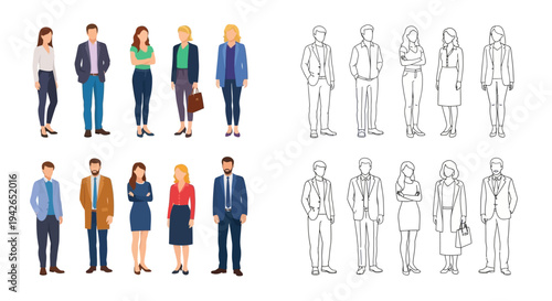 Collection of diverse male and female characters in both colored flat design and outline style, suitable for business and lifestyle illustrations.