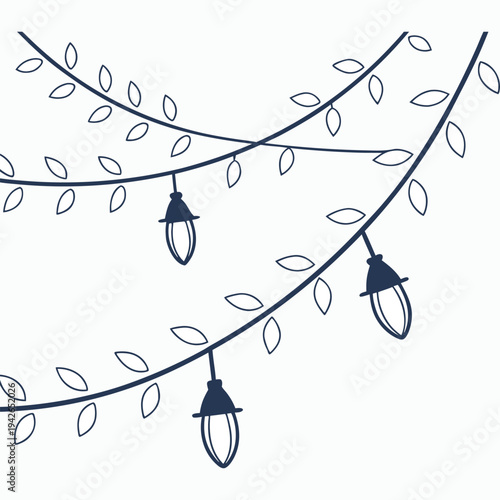Illustration of string lights with leafy vines on a white background, festive holiday decoration