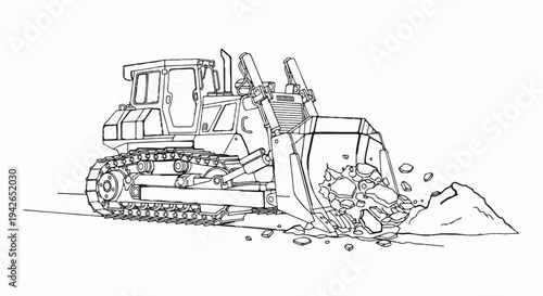 A line art illustration of a bulldozer clearing rocks and soil