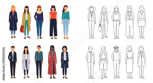 Diverse group of people standing, featuring both outline and colored illustrations on isolated white background