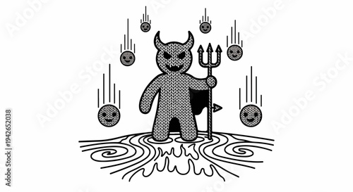 A knitted devil stands in a stormy, fiery landscape with smiling meteors