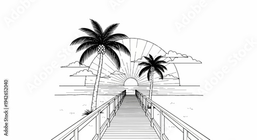 Wooden pier leads to tropical sunset with palm trees and ocean