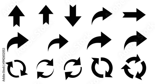 Set of black arrow and refresh icons, showing up, down, and curved directions on an isolated white background.