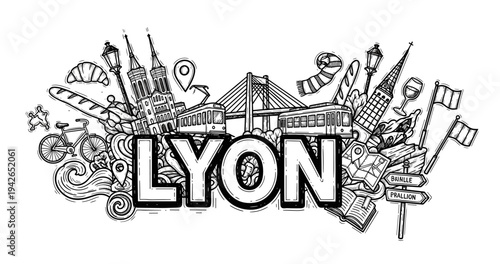 Lyon doodle art with famous landmarks and cultural icons
