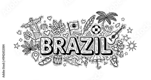 Brazil doodle art: culture, nature, and icons in black and white illustration