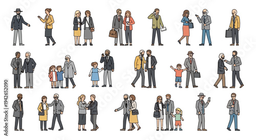 Collection of diverse people, including men, women, and children, in various casual and business settings, standing and interacting in a bright studio.