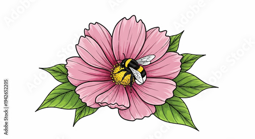 A bumblebee rests on a vibrant pink flower with green leaves