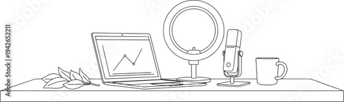 Minimalist black and white outline of a modern streaming or podcasting setup featuring essential digital creator equipment