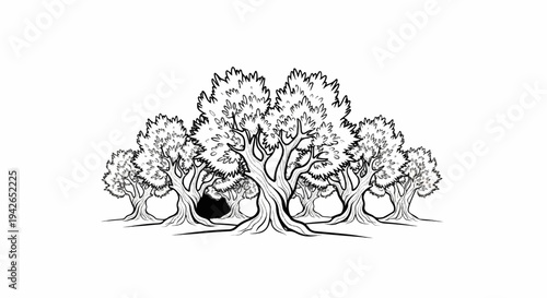 A cluster of stylized trees with dense foliage and visible roots