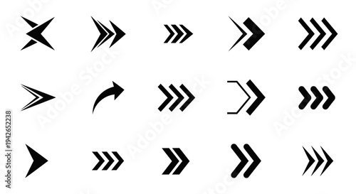A diverse collection of black arrow icons in various styles and shapes, all pointing to the right on a clean white background.