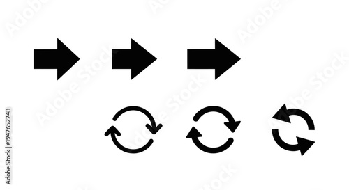 Set of basic black arrow and refresh or rotate icons on isolated white background