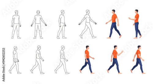 Set of people walking in various animation frames, showing both outline and colored versions on isolated white background