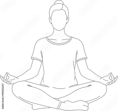 Minimalist black line drawing illustrates a person meditating calmly in the classic lotus yoga pose